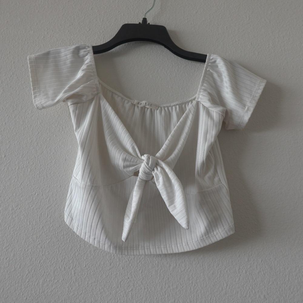 Front Tie White Bardot/Off-the-Shoulder Crop Top.
